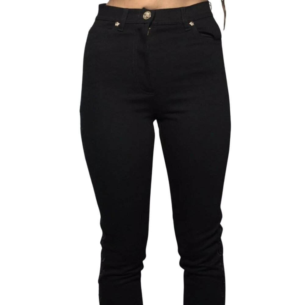 Versace Women's Black Embroidered High Rise Skinny Jeans MEDUSA HEAD GOLD